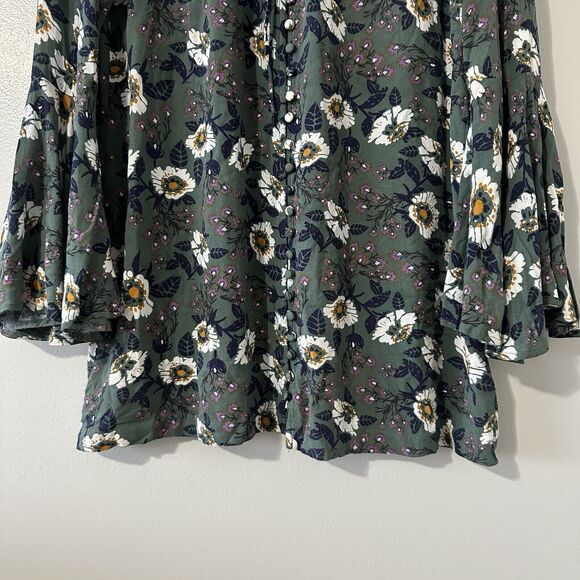 Free People Magic Mystery Size XS Boho Green Floral Mini Tunic Dress Bell Sleeve - Picture 5 of 16